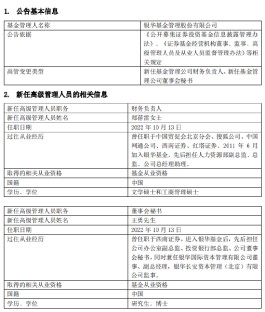 银华基金高管变更：新任郑蓓雷为财务负责人 新任王勇为董事会秘书