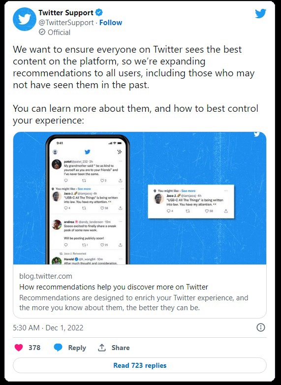 Twitter表示已向所有用户扩展推荐算法